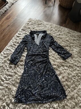 Laundry by Design Navy and White Geometric Printed Midi Office Siren Wrap Dress